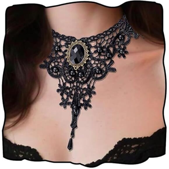 Black Lace Gothic Choker Necklace | Minimalist Retro Witch Jewelry - Picture 5 of 5